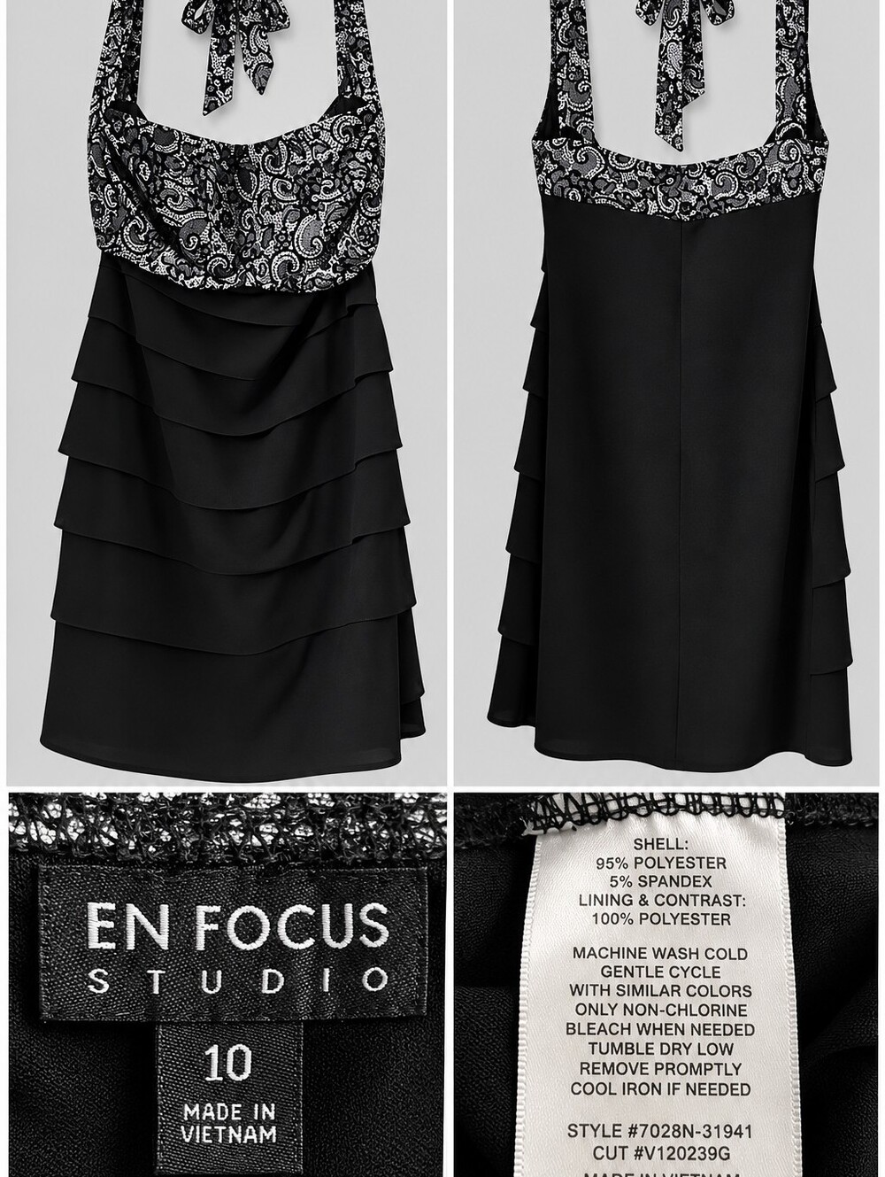 Enfocus Studio Black Layered Halter Dress with Paisley Trim